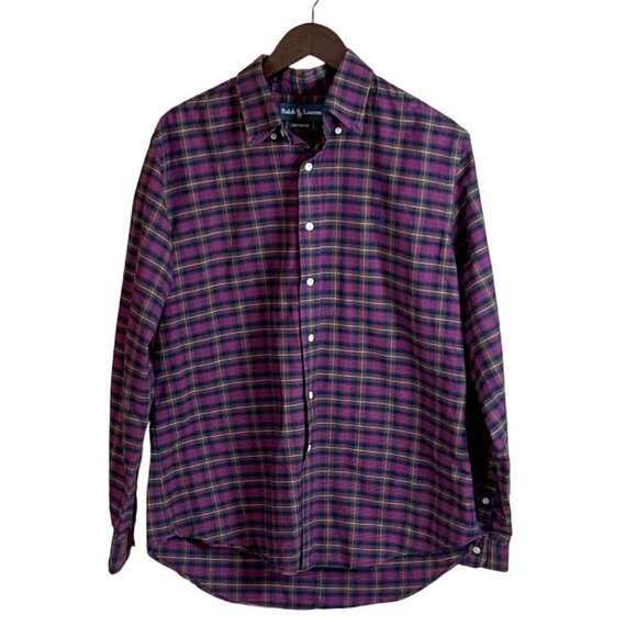 Ralph Lauren Mens Custom Fit Long Sleeve Shirt Red Green Plaid Size L - Picture 1 of 6